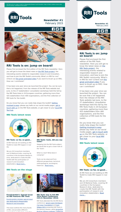 Newsletter RRI Tools desktop (à gauche) et smartphones (à droite)
