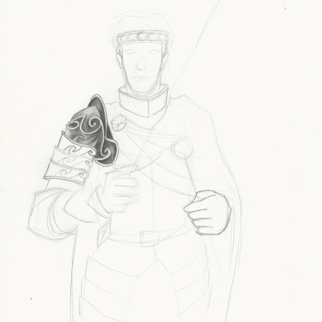 Croquis crayon sur papier d'un noble en armure (probablement 2008).