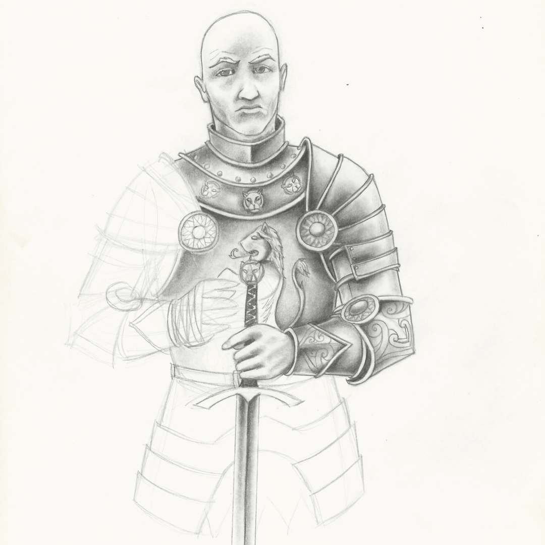 Croquis crayon sur papier d'un noble en armure (probablement 2008).