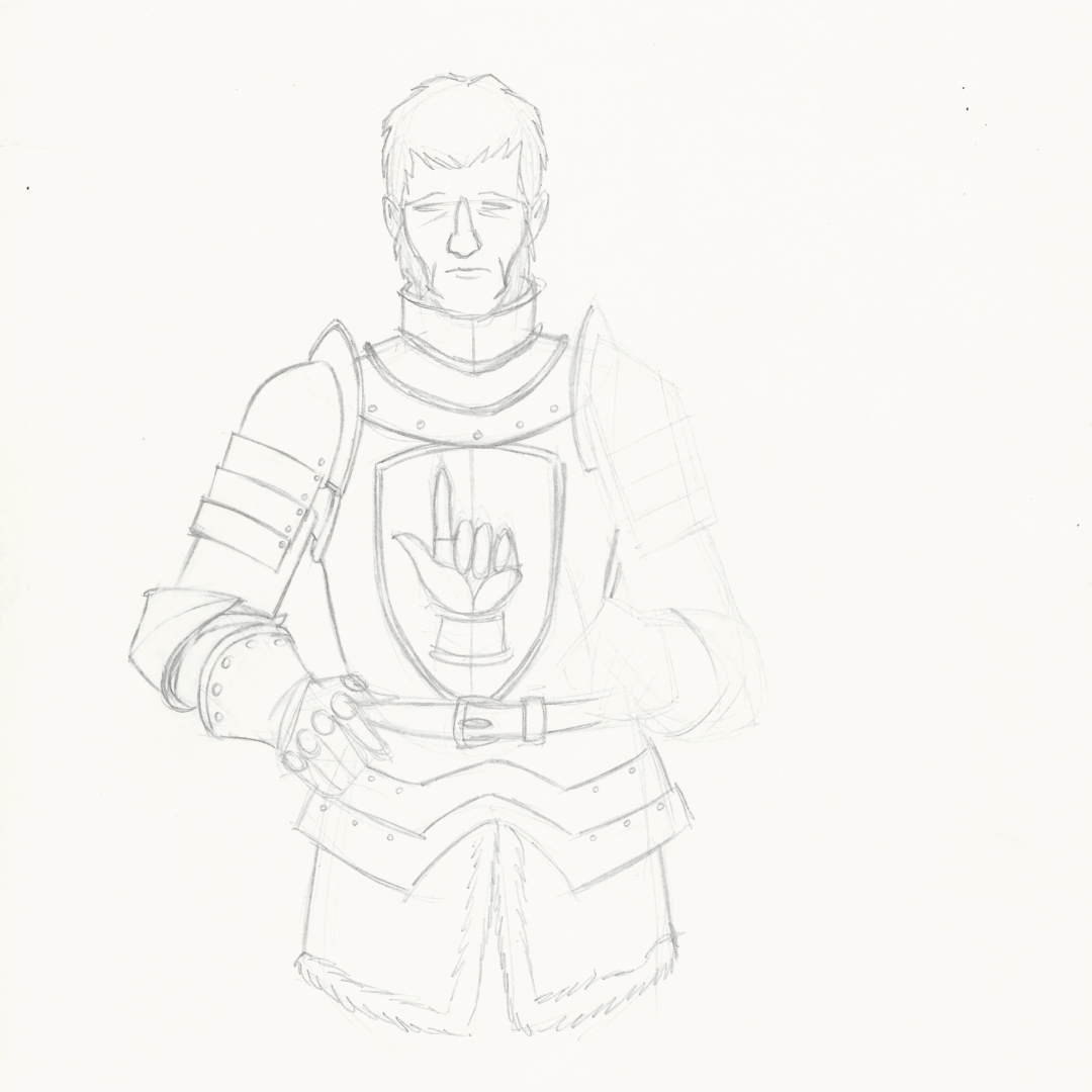 Croquis crayon sur papier d'un noble en armure (probablement 2008).