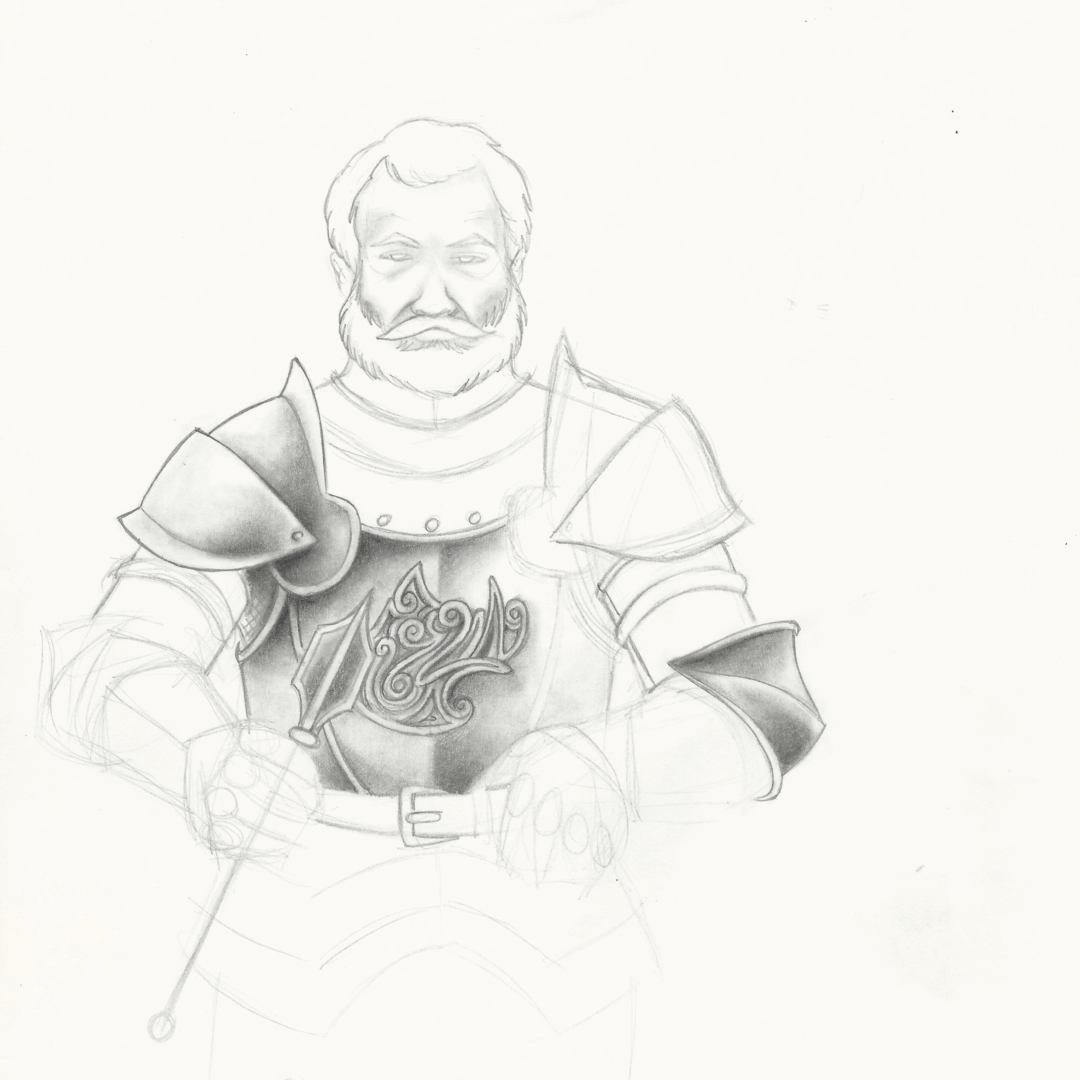 Croquis crayon sur papier d'un noble en armure (probablement 2008).