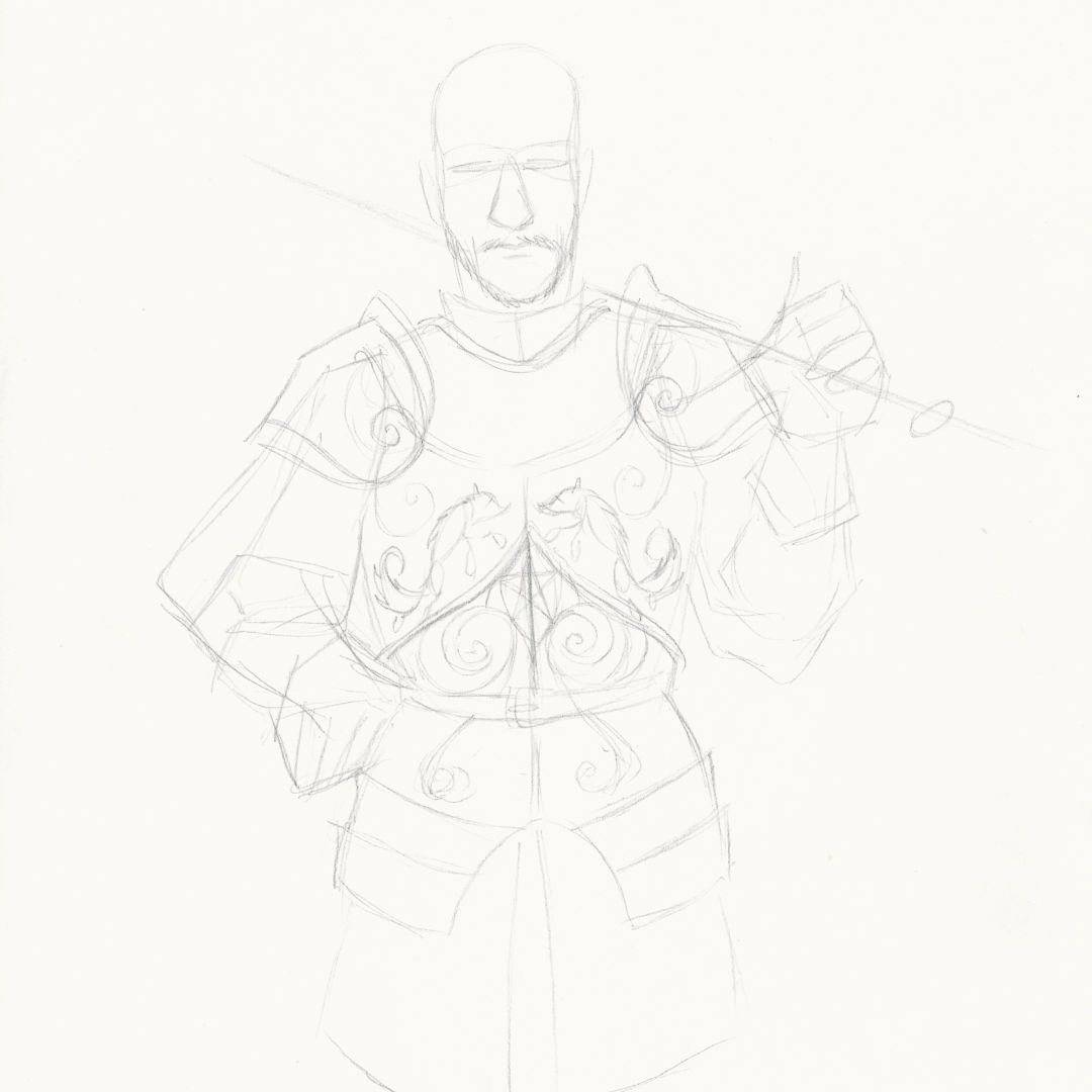 Croquis crayon sur papier d'un noble en armure (probablement 2008).