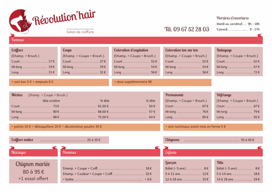 Affichette prix Révolution'hair