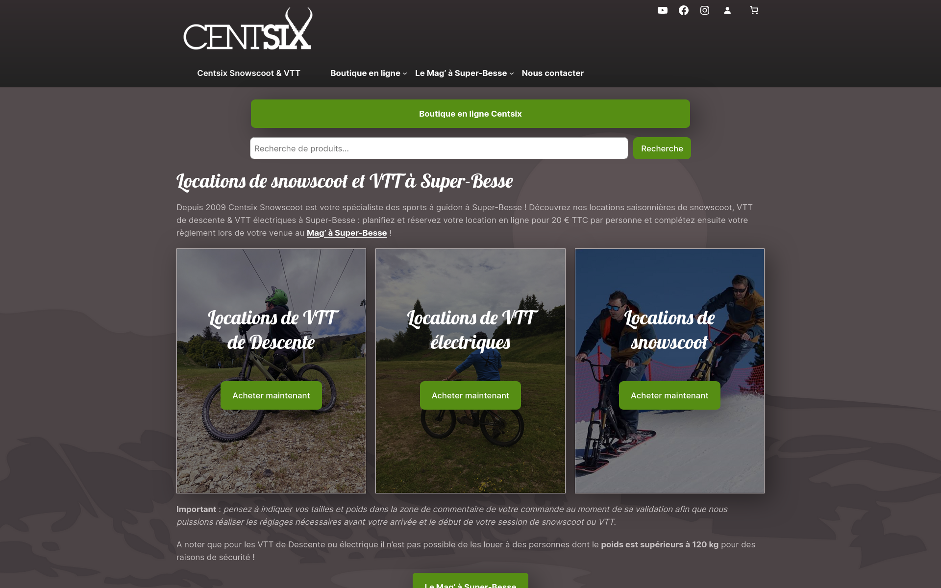 Refonte 2024 du site web de la SARL Centsix Snowscoot, vente et locations de snowscoot & VTT à Super-Besse, Puy-de-Dôme.