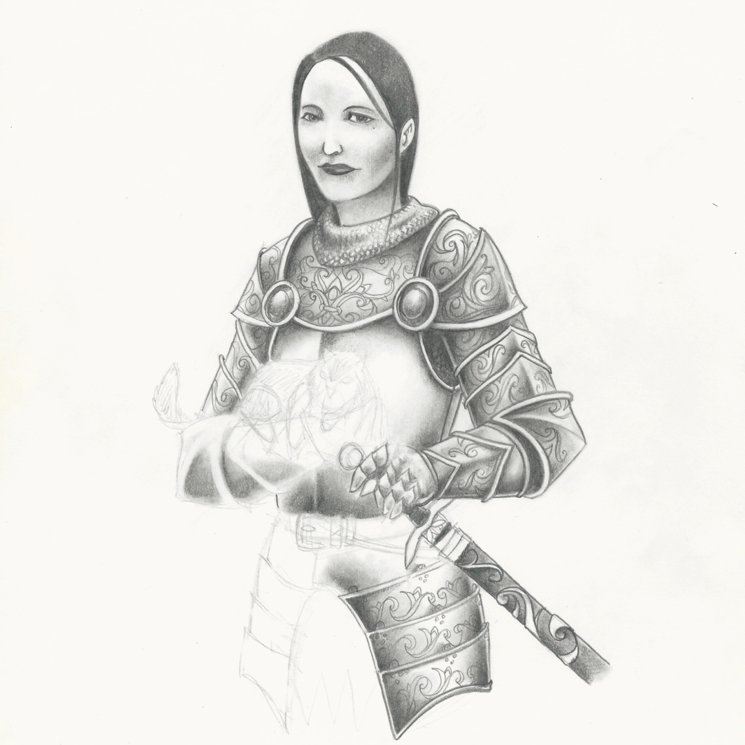 Croquis crayon sur papier d'une dame en armure (probablement 2008).
